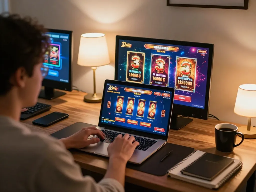 Engaging online player enjoying 32win games on a laptop in a cozy home setup