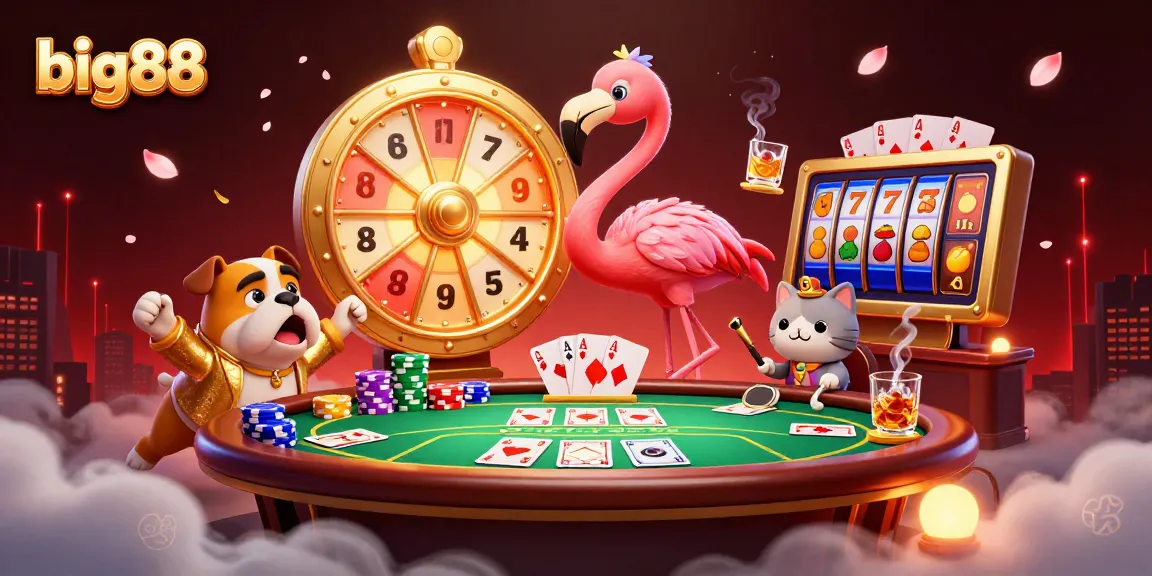 big88 spins the prize wheel amid poker chips and slot reels in a lively casino scene