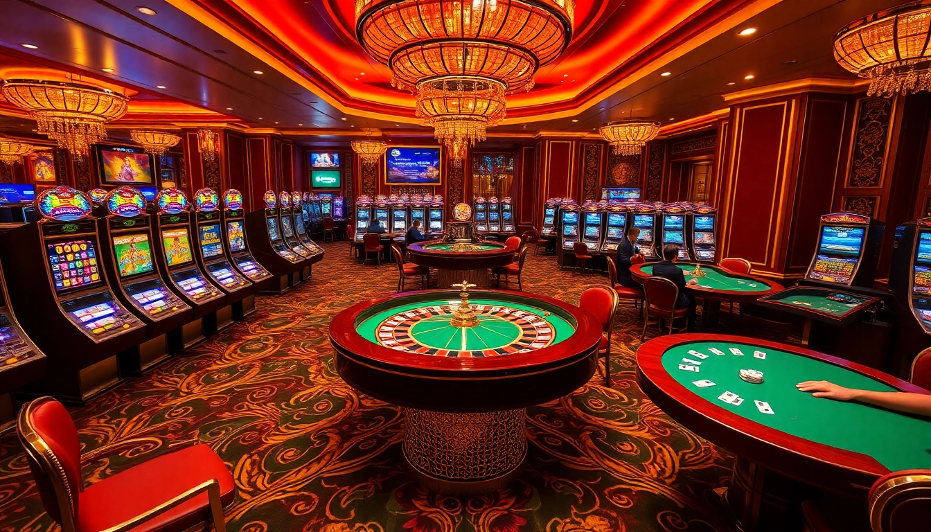 Experience the excitement of 8KBET with vibrant casino games and luxurious decor in a thrilling gambling environment.