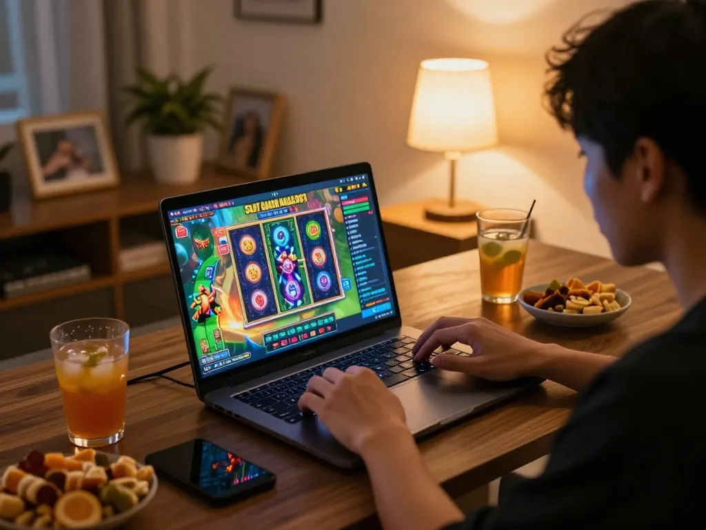 Engaging gameplay on Slot Gacor Naga303 from a cozy home setup with laptop and snacks
