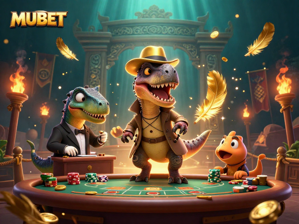 MUBET's vibrant 3D scene with a velociraptor card counter at a blackjack table surrounded by dinosaurs.