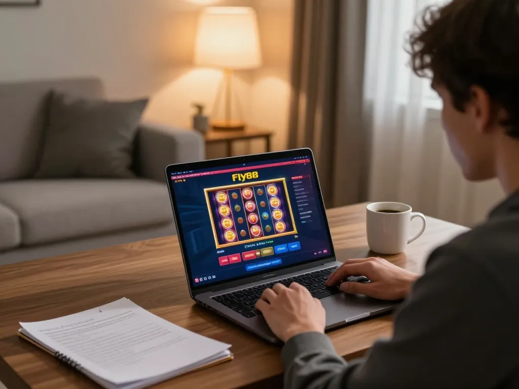 Player engaging with the Fly88 platform, winning big on vibrant slot games in a cozy setting.