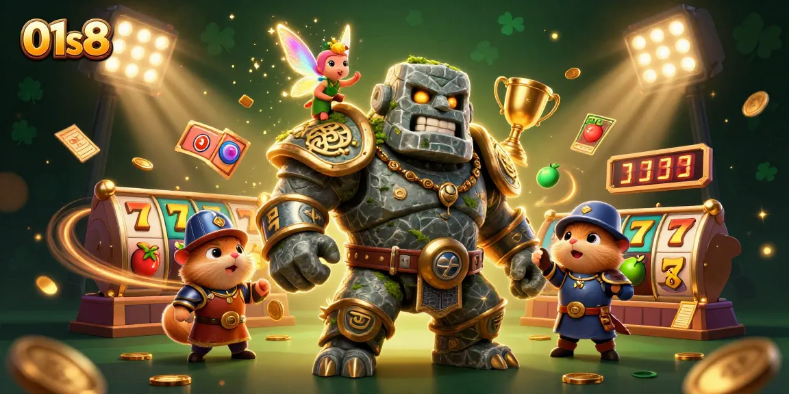 Engage with 01s8's vibrant 3D casino world showcasing slot reels and magical characters.