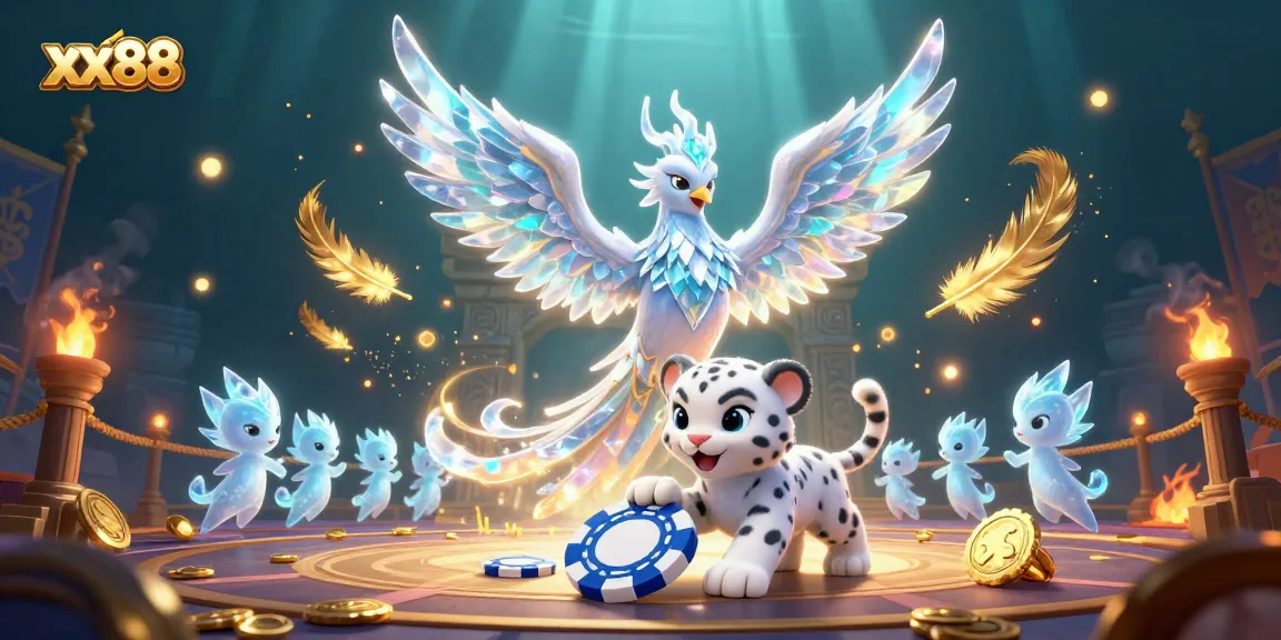 Experience thrilling gameplay at xx88 with a snow leopard and an ice phoenix in a dazzling casino scene.