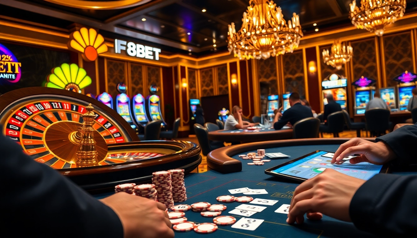 F8BET poker table showcasing exciting gameplay and vibrant casino elements.