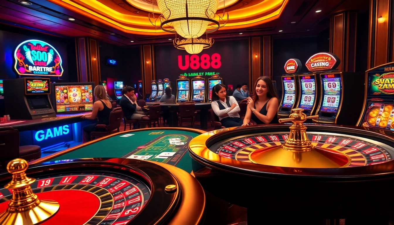 Experience the excitement of U888 with a dynamic casino scene featuring table games and vibrant slots.