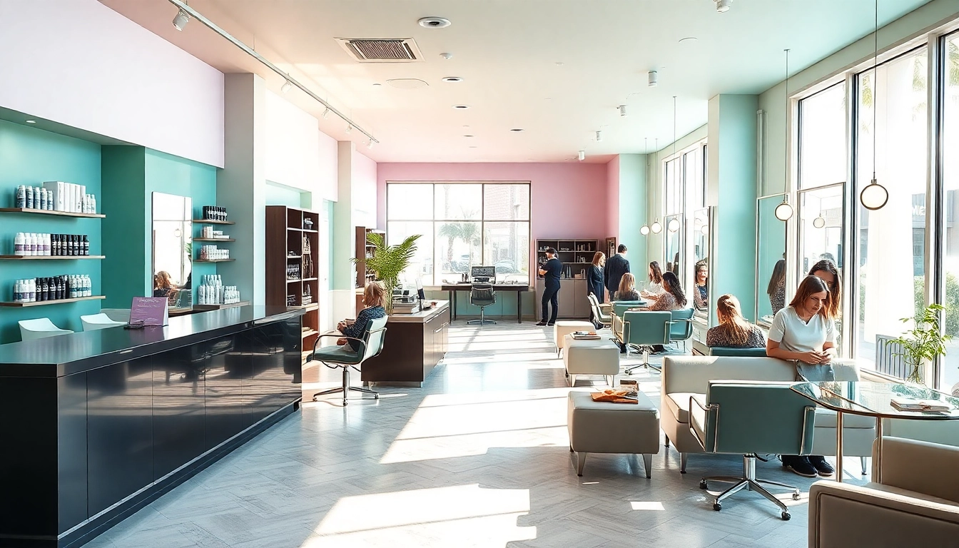 Omnia salon interior showcasing modern styling stations and Aveda products in a relaxing atmosphere.