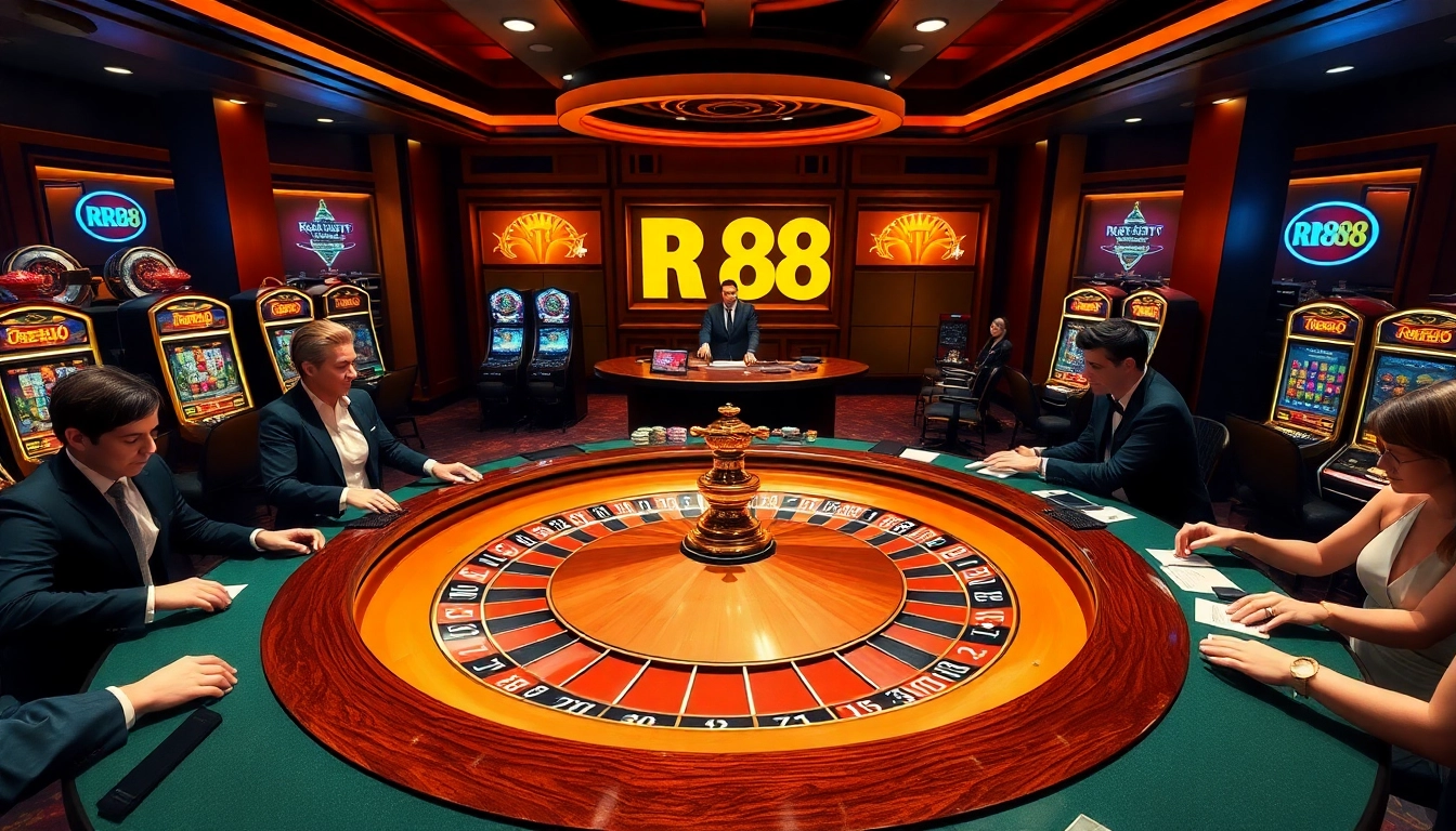 Experience high-stakes gambling with RR88 at a luxurious casino featuring roulette and vibrant players.