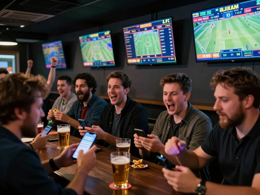 F168 sports betting scene showcasing enthusiastic gamblers at a modern bar