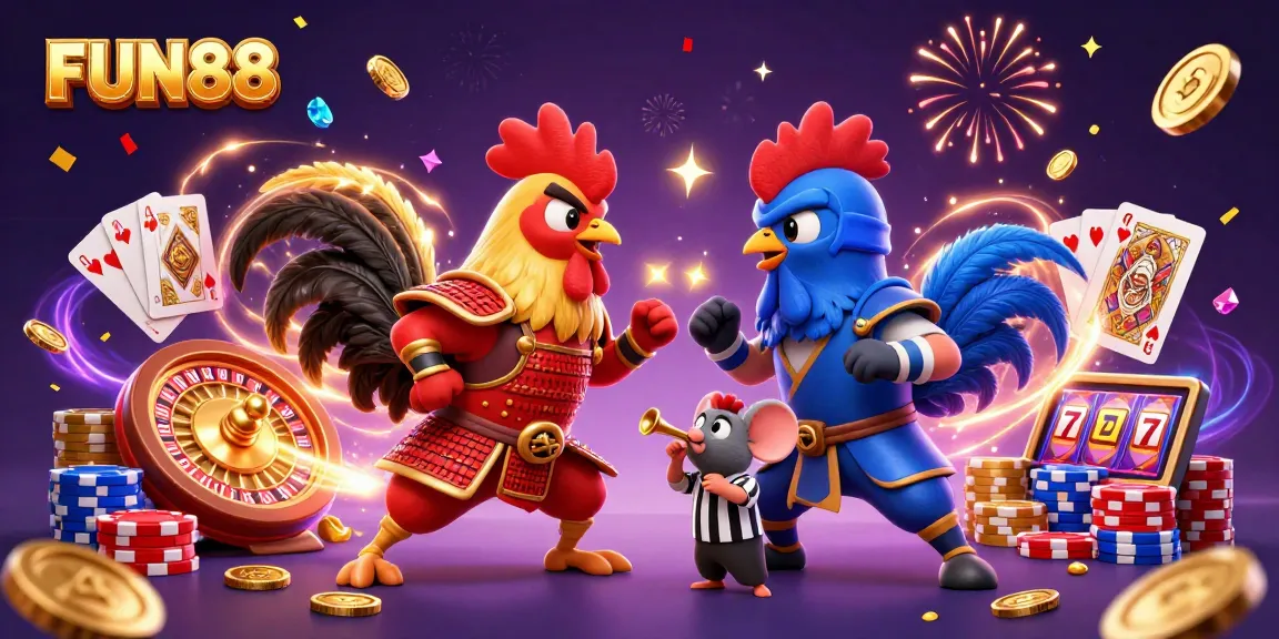 FUN88 players enjoy an exciting standoff between samurai and ninja roosters amidst casino elements.
