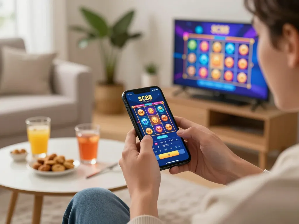 Player winning on SC88 mobile app while enjoying a comfortable home setting
