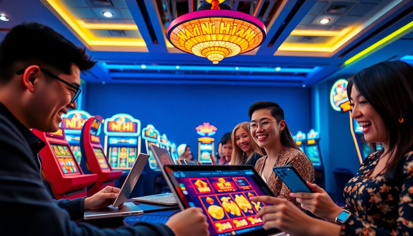 Nổ Hũ gaming scene featuring lively players in an engaging online casino atmosphere, showcasing excitement and dynamic gameplay.