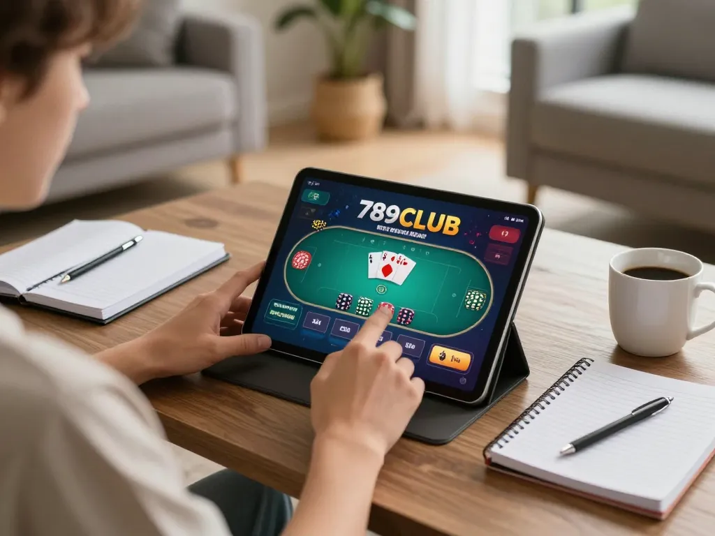 Engaging in a strategic online 789CLUB poker game on a tablet in a cozy home setting.