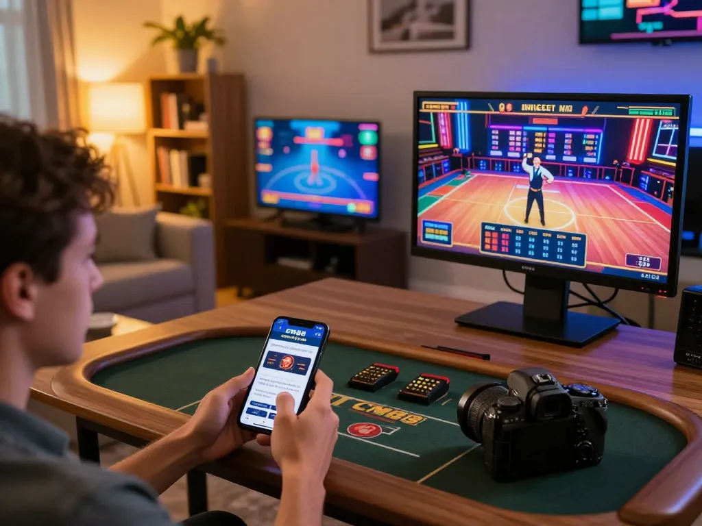 Player enjoying gaming experience on CM88 mobile app, surrounded by a cozy setup and strategic tools.