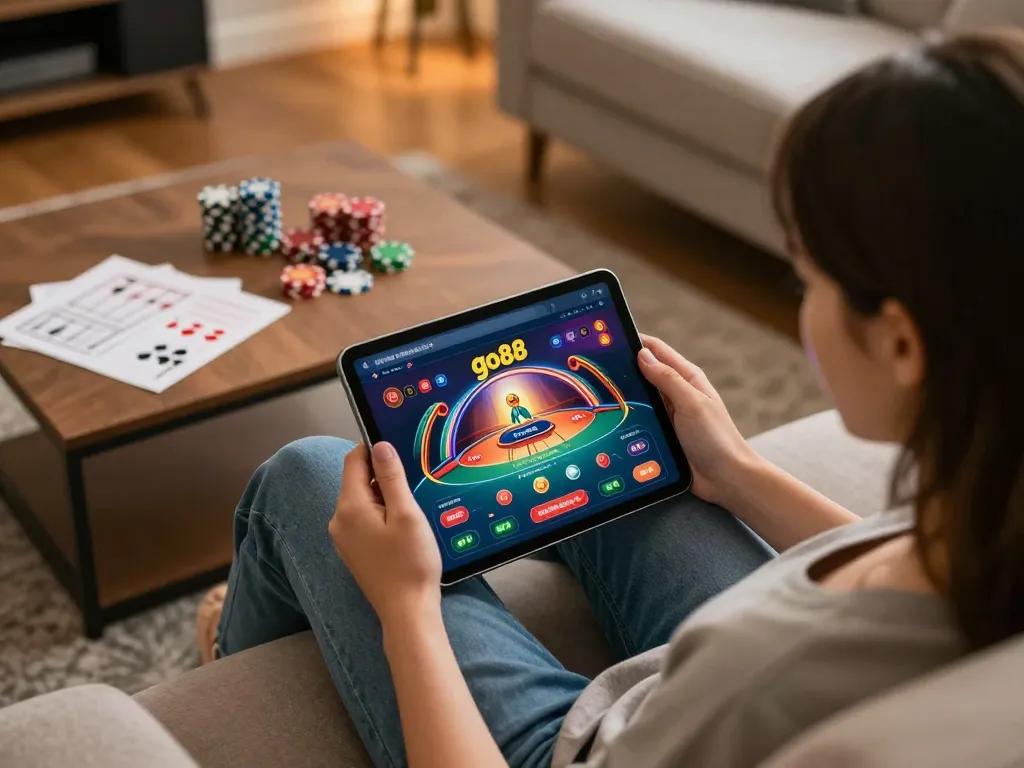 Engage with go88 casino app on tablet in cozy home setting, showcasing strategic gameplay.