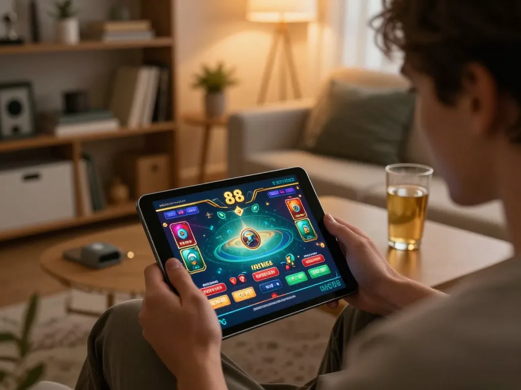 Engaged player strategizing on the ee 88 casino app in a cozy home setting