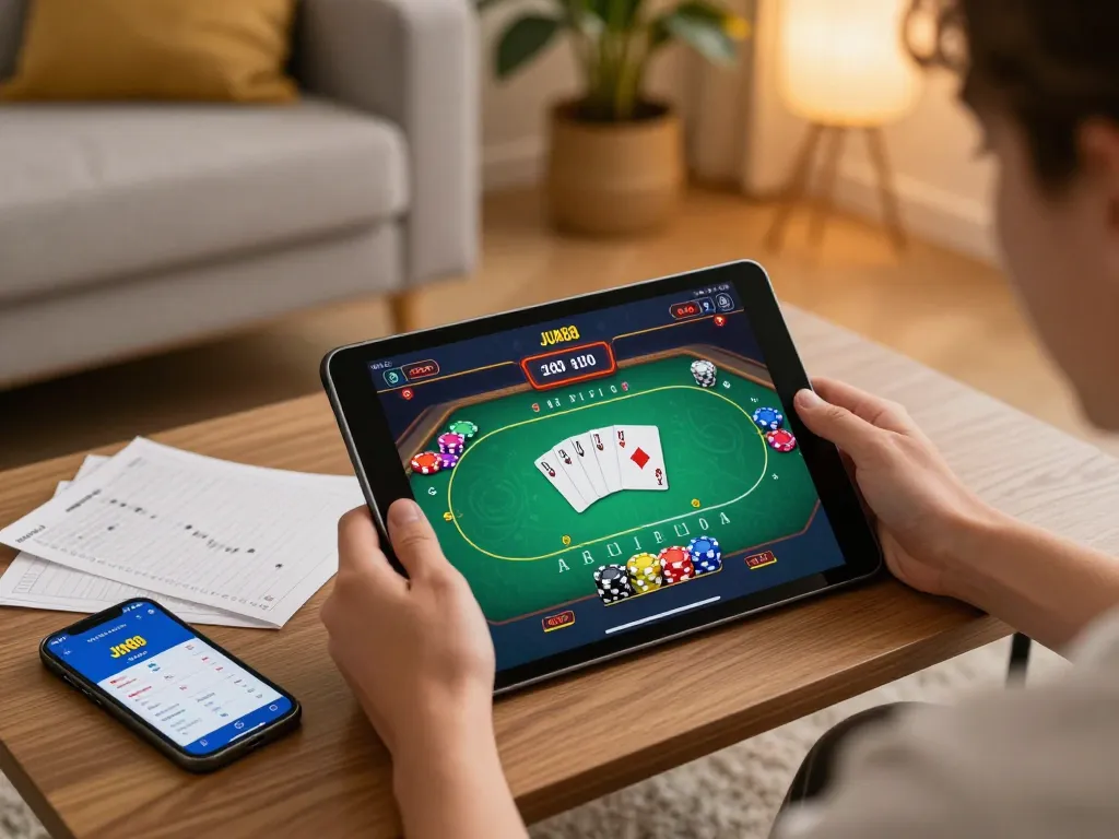 Experience thrilling online poker action with Jun88 on your tablet in a cozy gaming setup.