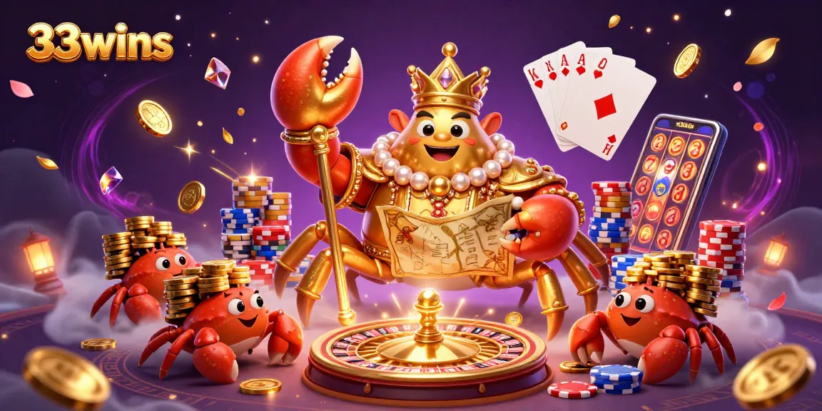 Experience the dynamic world of 33wins with a golden crab, treasure maps, and vibrant casino elements.