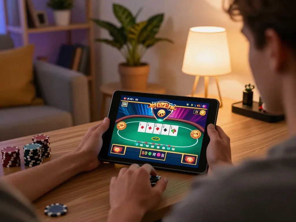 Player engaging in online casino games on tablet, showcasing 678 gaming excitement in cozy home setting.