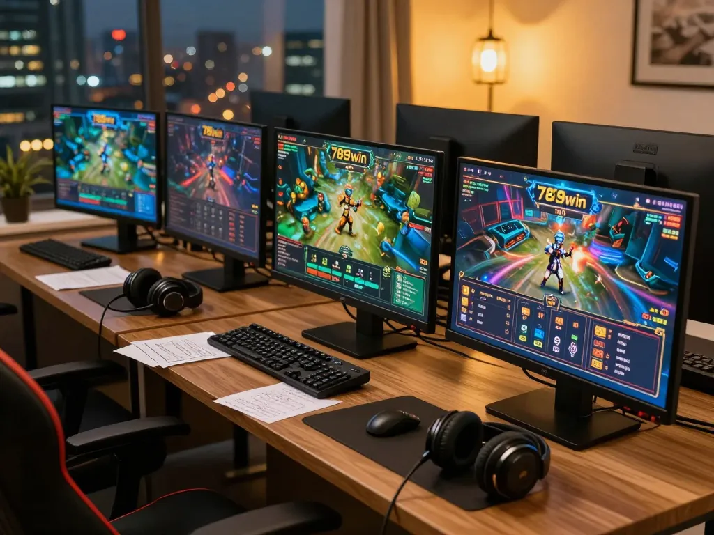Playing the game 789win on multiple screens during a thrilling online gambling session at home.