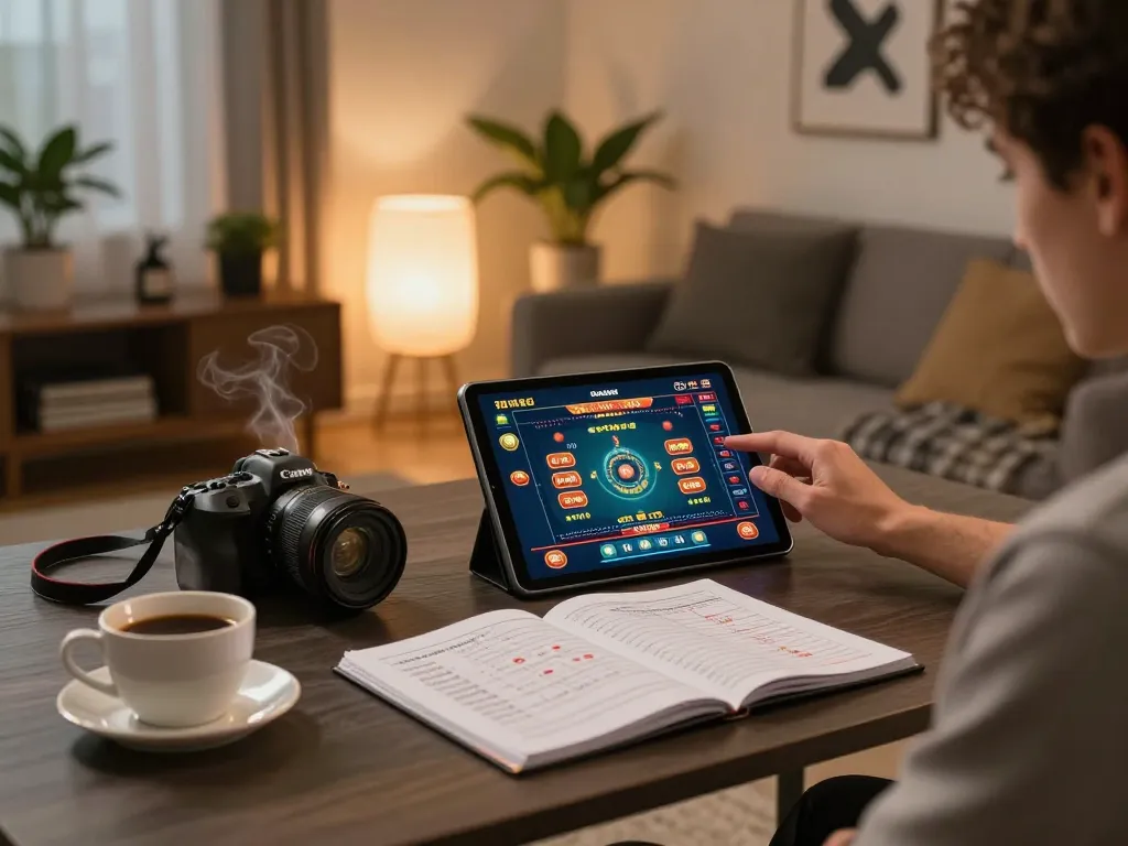 Player strategizing with vvvwin online casino app on tablet, immersed in home gaming experience