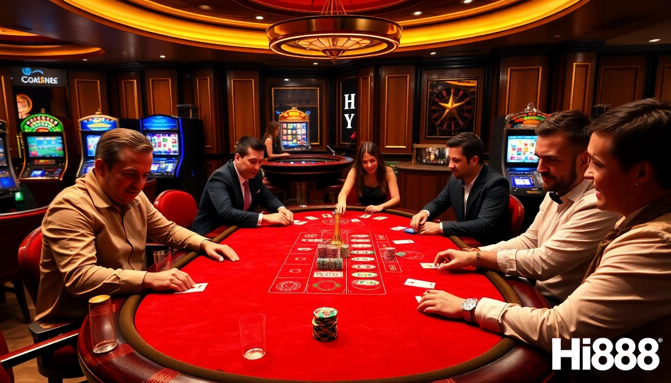 Players enjoying high-stakes poker at Hi88 casino with vibrant chips and elegant décor.