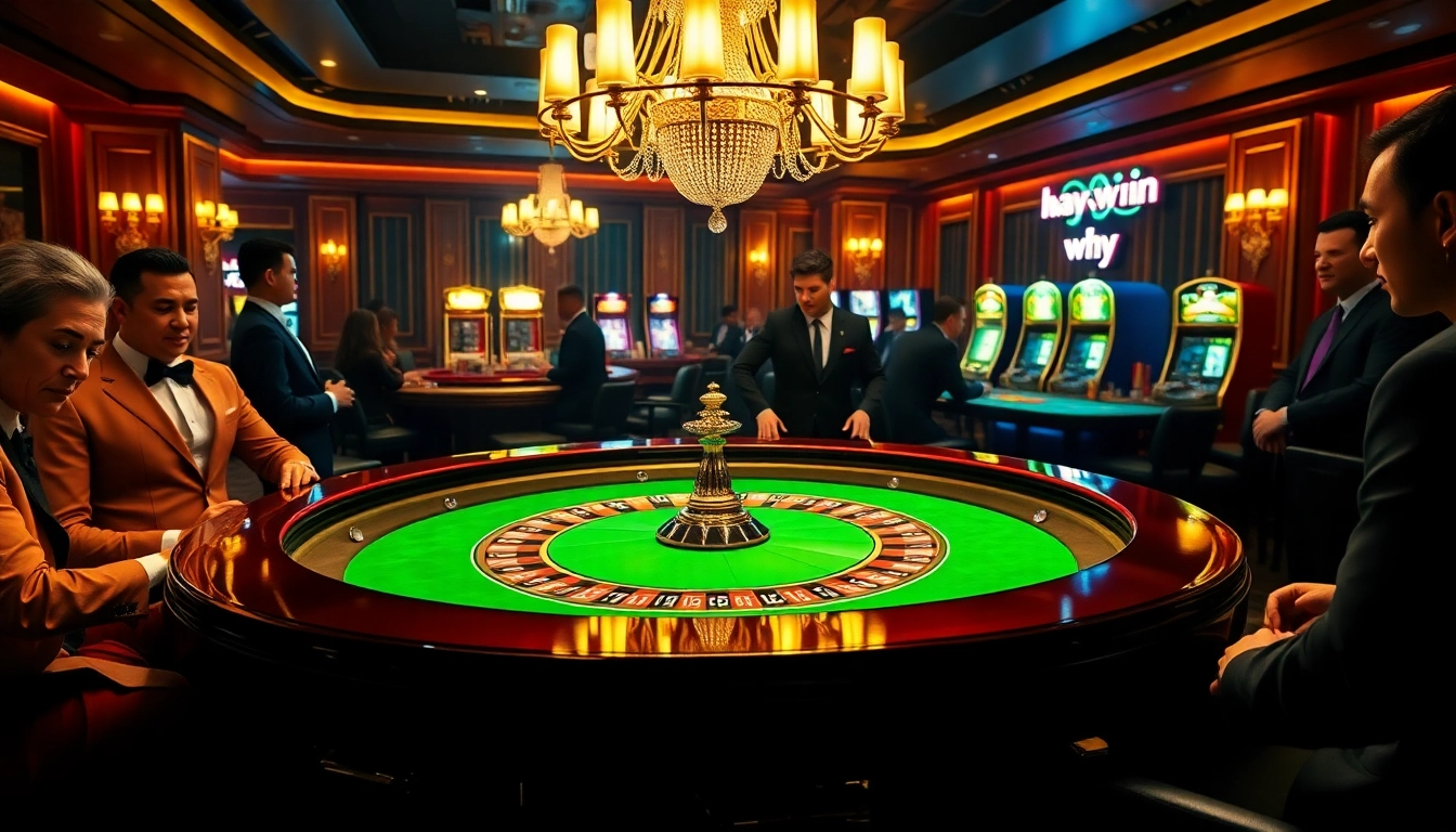 Experience the excitement of hay win at a luxurious casino with gamblers and a roulette table.