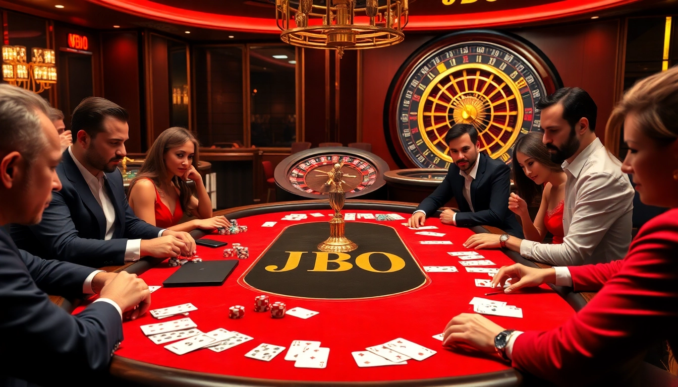 Engaged players enjoying a JBO casino game with vibrant tables and chips.