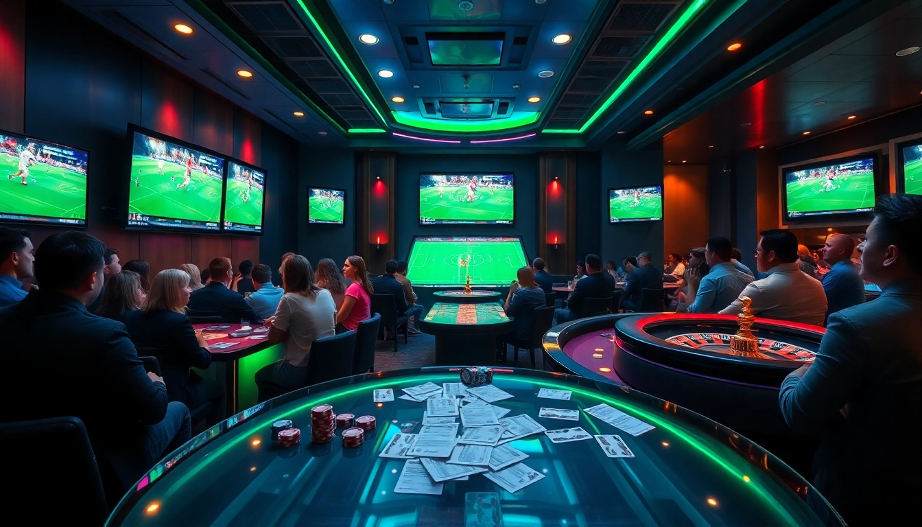 Experience xem bóng đá trực tiếp in a vibrant sports betting lounge with latest technology.
