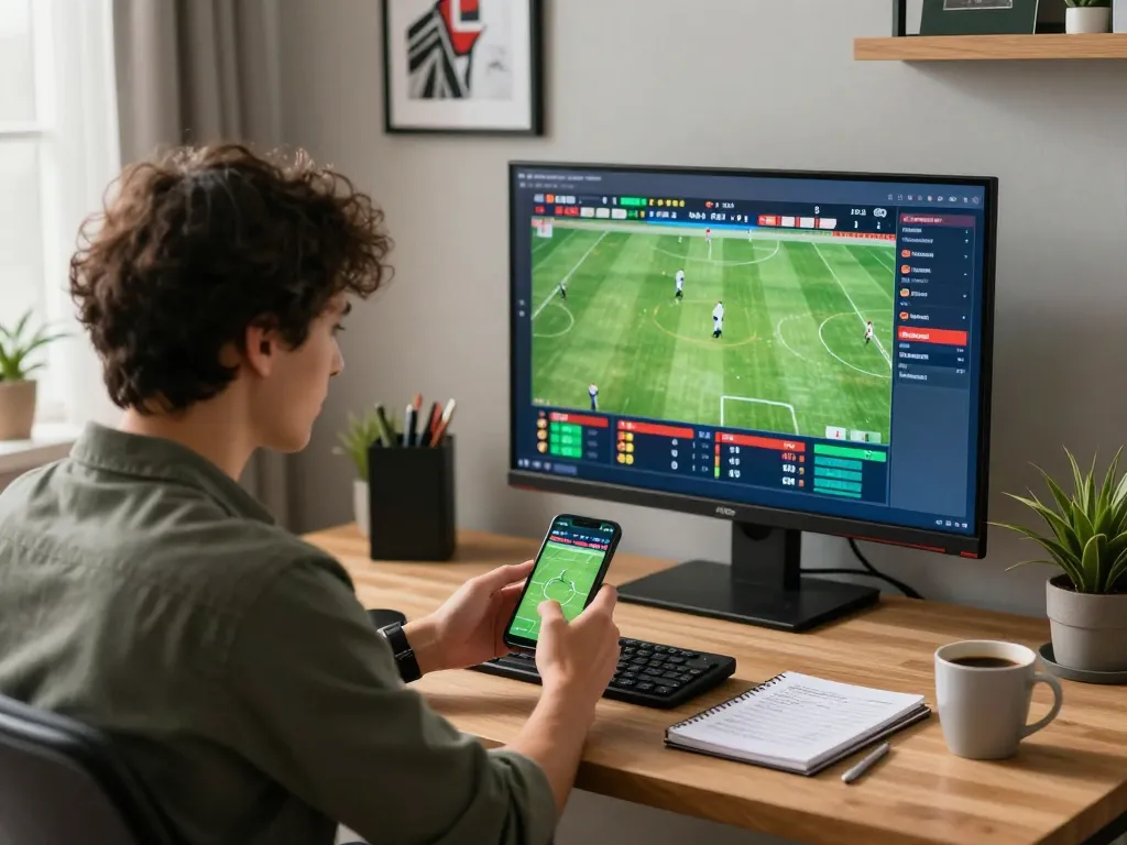 Experience the thrill of 7m sports betting, placing live bets during a football match at home.