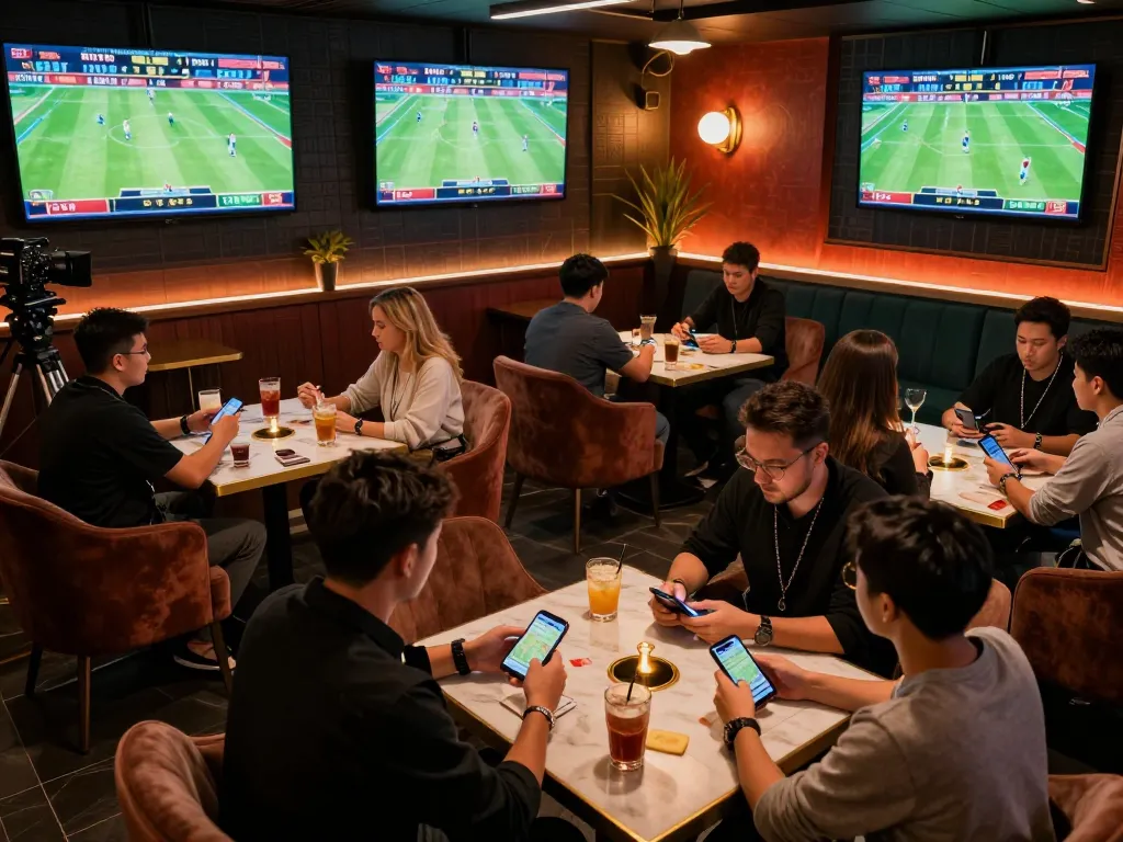 Engaged bettors at trang chủ 23win watching live sports, using phones to place bets in a stylish lounge.