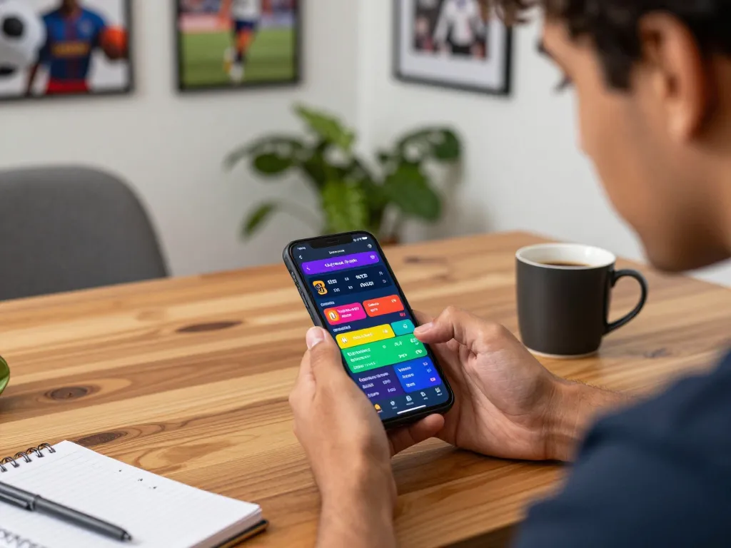 Engaged user placing debet bets on a smartphone in a modern home office setting.