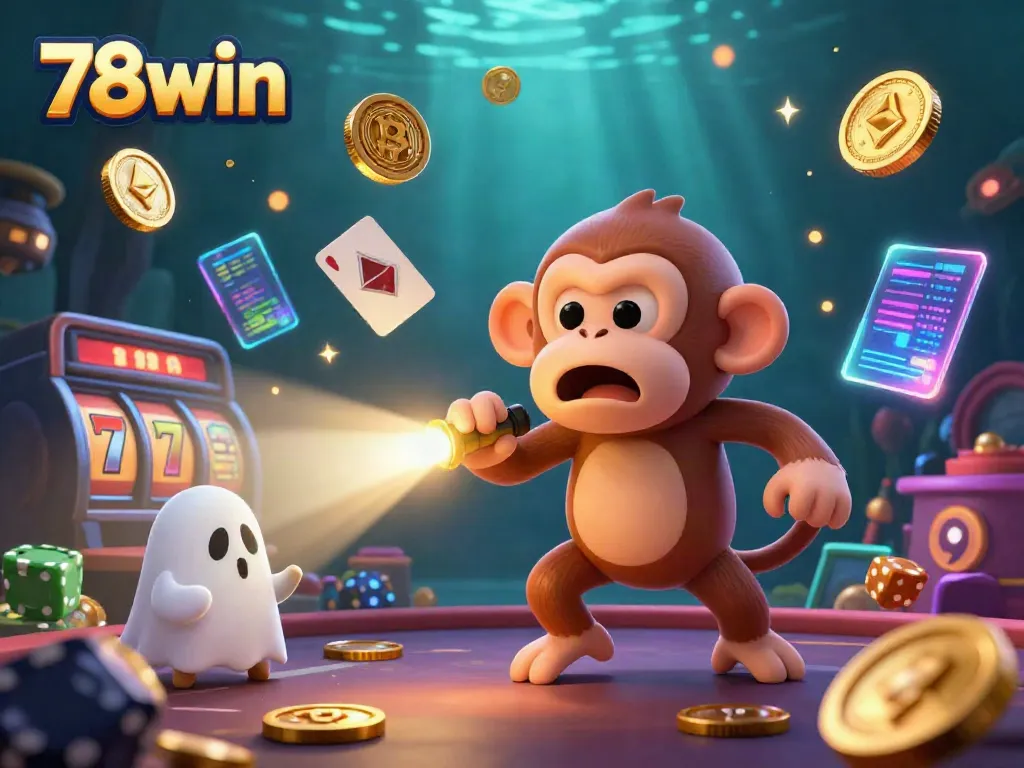 Experience the thrill of 78win with a lively casino scene featuring a playful poltergeist monkey and a curious puppy amidst golden coins and jackpot reels.