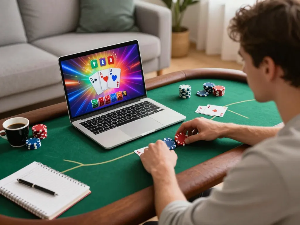 Engaged player at iwin club poker game on laptop with strategy notes.