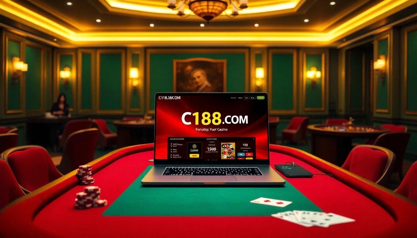 C168.COM showcases an elegant online casino interface with poker chips and a roulette wheel on a luxurious table.