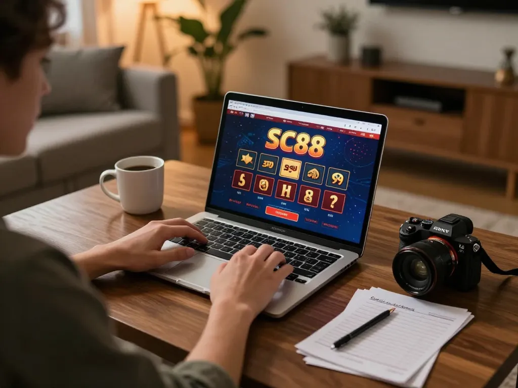 Engaged gambler exploring the SC88 casino site on a laptop in a cozy home setting.