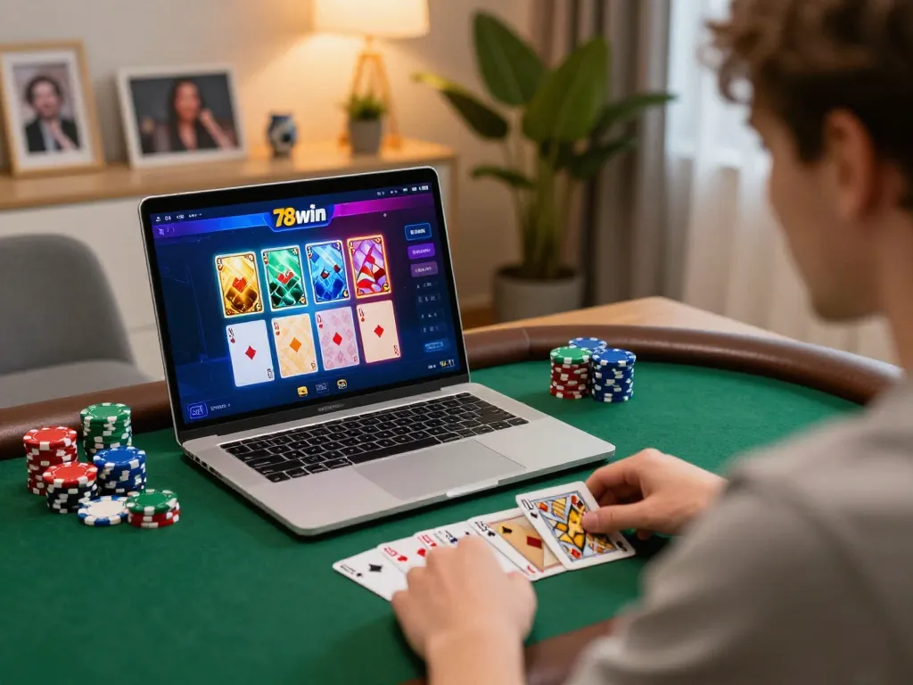 Engaged player analyzing cards on 78win app in cozy home office.