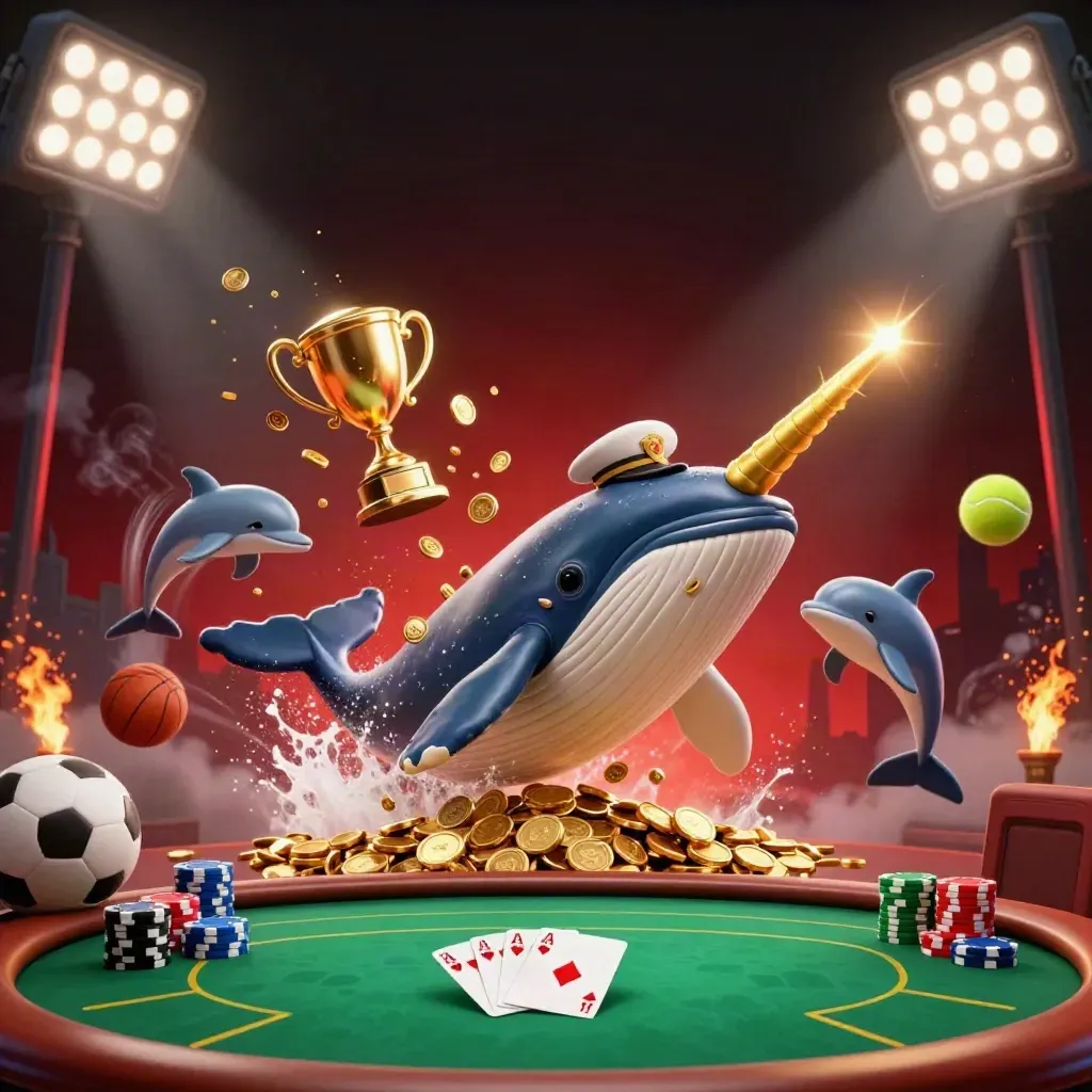Whale captain, narwhal, and dolphins burst through coins under stadium lights in dark casino glow.