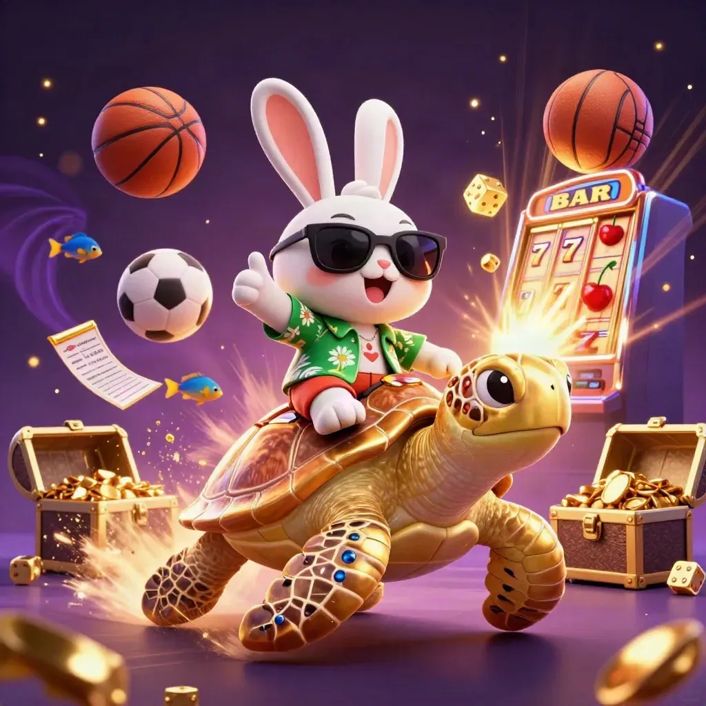 Lucky rabbit rides golden turtle as slot symbols and sports balls burst through neon casino light