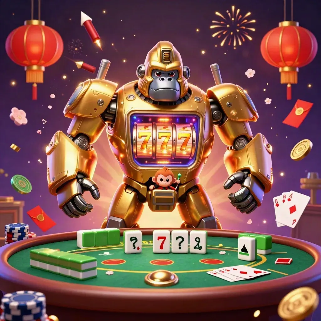 Golden gorilla mech with tiny monkey pilot, poker chips, lanterns and glowing casino magic in purple space.