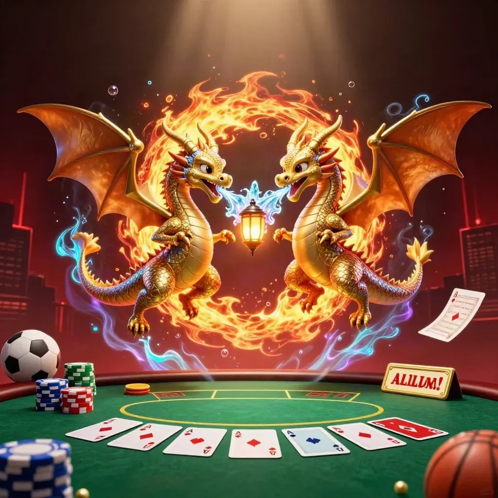 Gold and silver dragons swirl over poker chips, cards, balls, and neon casino light.