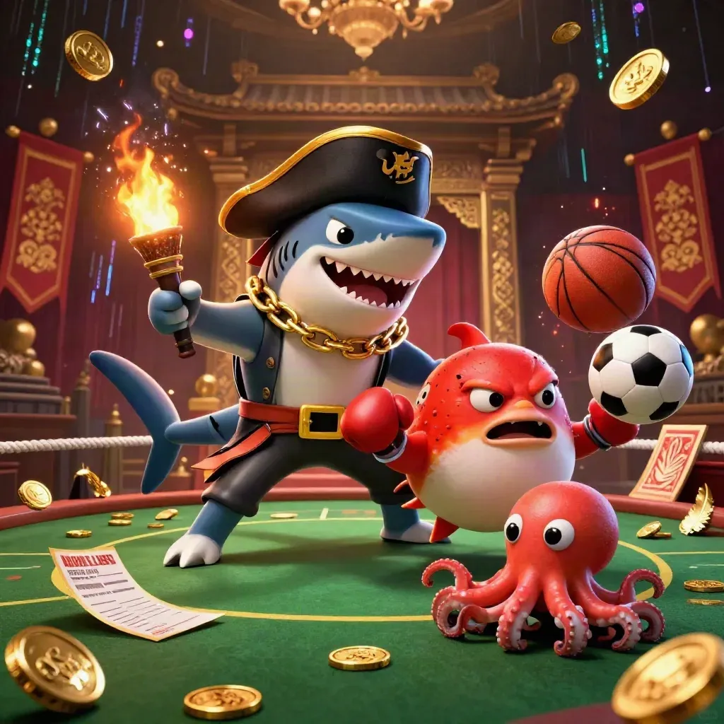 Pirate shark, boxing pufferfish, and juggling octopus in a glowing casino-arena blast
