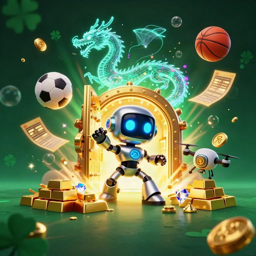Cyberpunk robot, holographic dragon and drone amid gold vault, balls and casino glow.