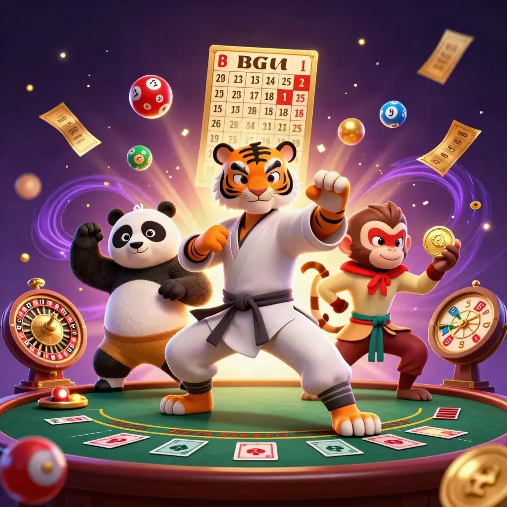 Tiger, panda, and monkey in a glowing casino fantasy with spinning game elements