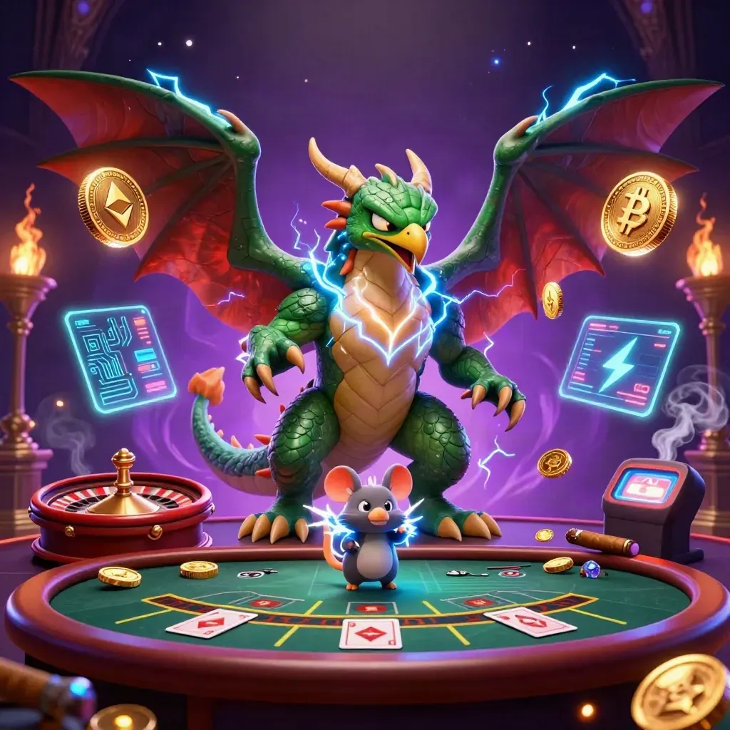 Thunder dragon, wind hawk, and sparking mouse in a neon casino with coins, charts, and glowing lights.