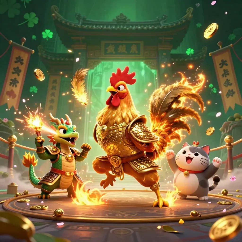 Rooster warrior, spark-breathing dragon hatchling, and cheering fortune-cat in a golden casino arena