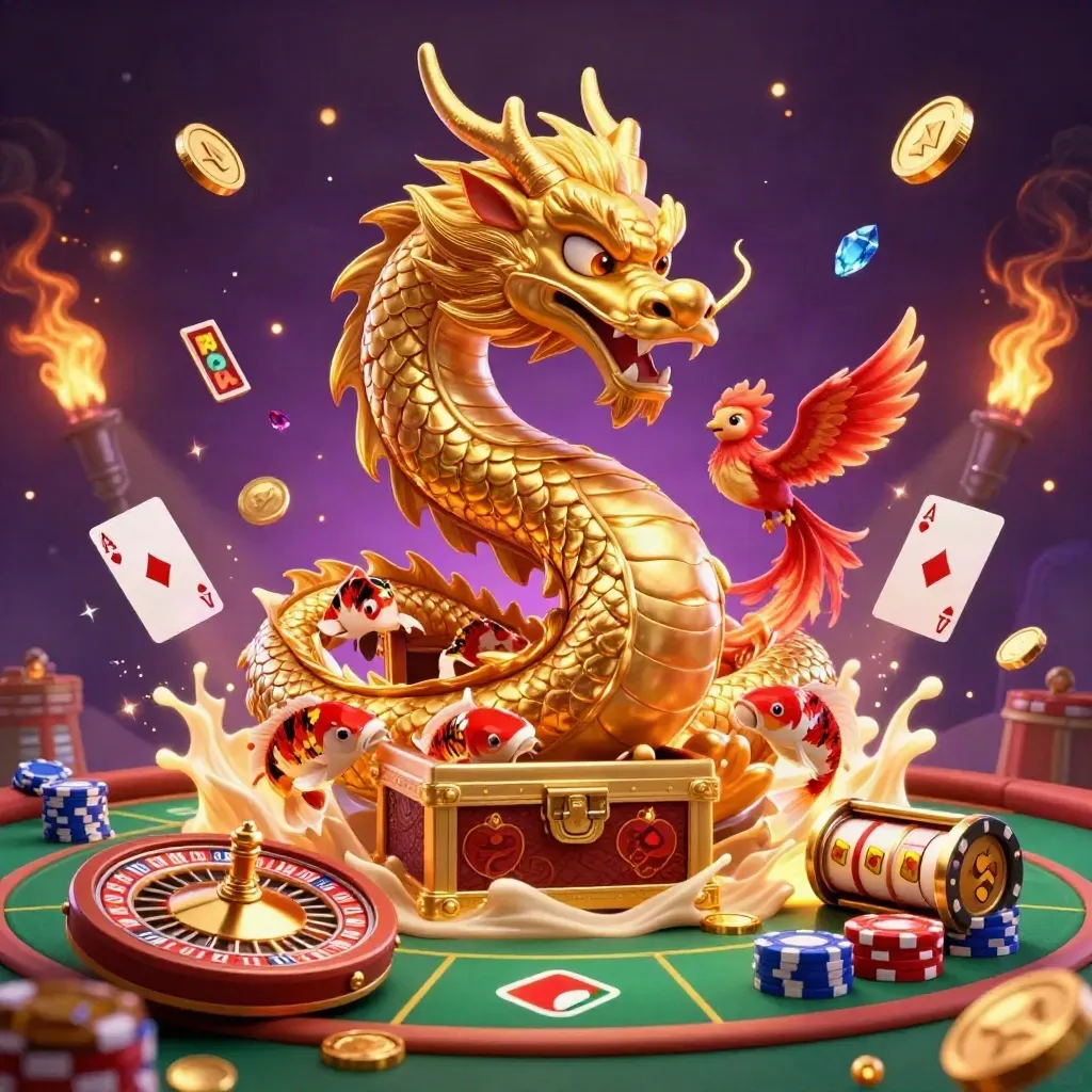 Golden dragon with phoenix, koi, coins, cards, chips, and glowing casino effects