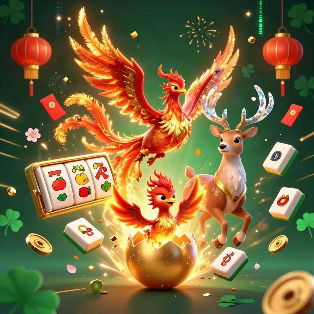 Fire phoenix, hatching baby phoenix, and crystal-antler stag burst through casino treasures.