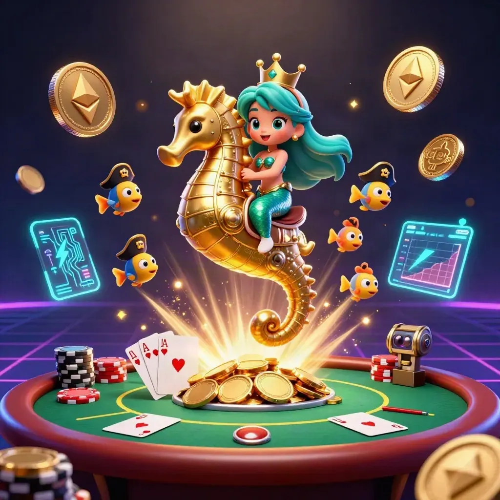 Mermaid princess on a golden seahorse amid poker chips, crypto coins, and treasure bursts.
