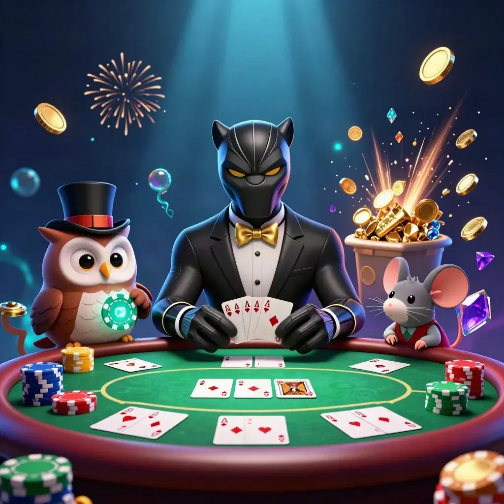 Panther, owl, and mouse at a glowing poker table amid gold coins, chips, and fireworks.